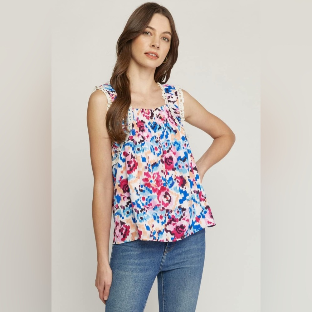 Entro Multicolor Floral Sleeveless Eyelet Tank